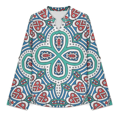 Chinese Style Repeating Pattern  Versatile Notched V-Neck Tunic | Roll Tab 3/4 Sleeve Office Casual Top