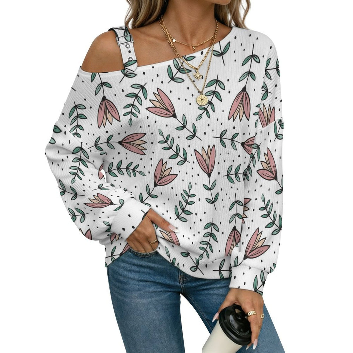 Off-the-shoulder Sweater Long Sleeve Relaxed-Fit Solid PulloverFlowers Background