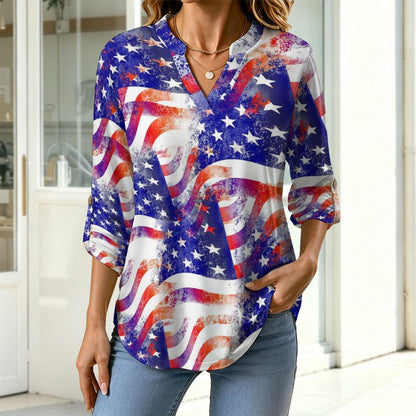 Women's Notched V Neck Tunic Tops, Roll Up 3/4 Sleeve Button Cuff Casual Blouse, Hem Loose Work Shirts  Many American Flags Intertwined