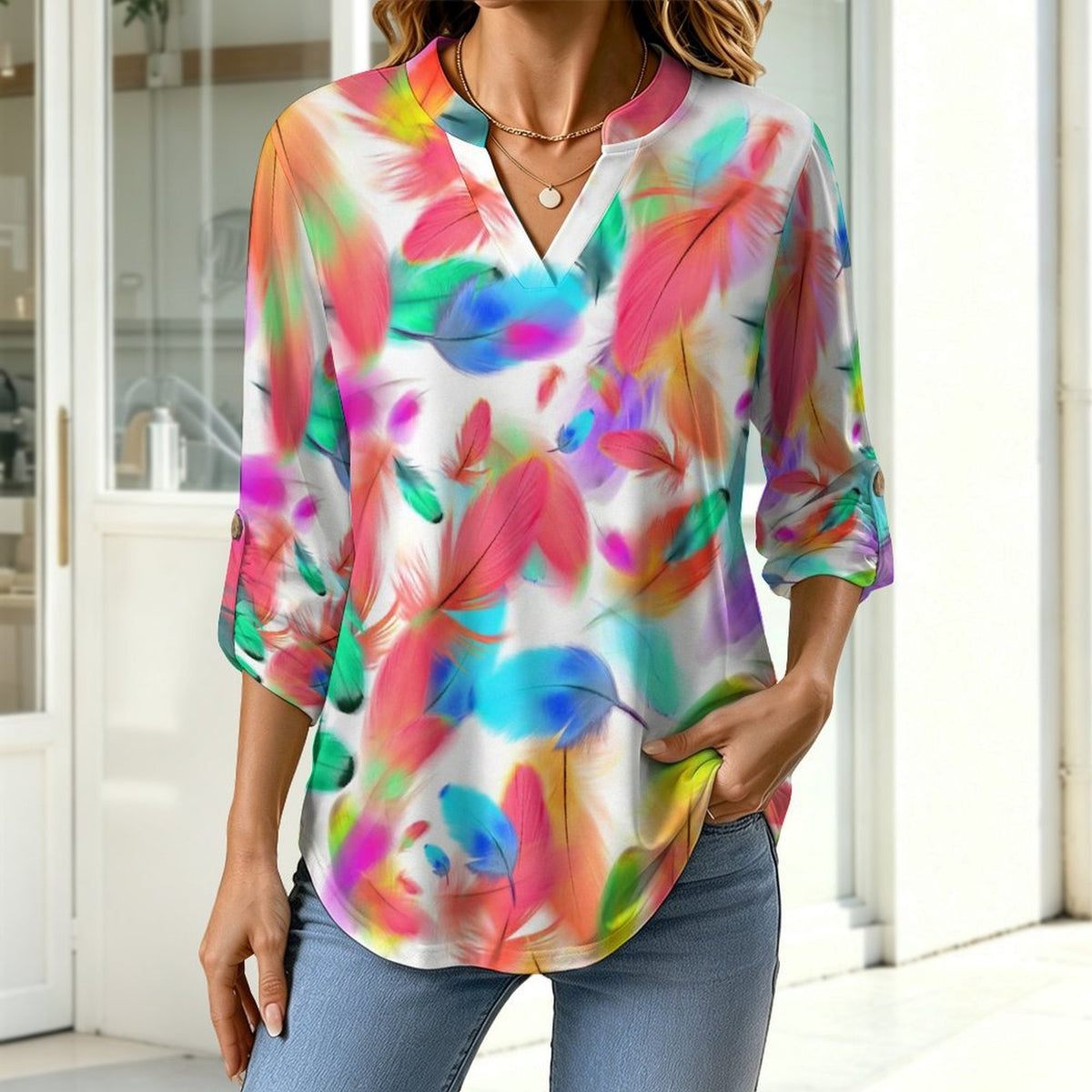 Colorful Feathers Roll Tab 3/4 Sleeve Notched V Neck Tunic Blouse