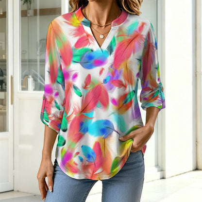 Colorful Feathers Roll Tab 3/4 Sleeve Notched V Neck Tunic Blouse