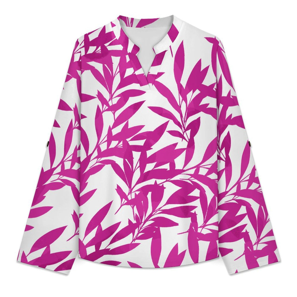 Purple Leaves, Repeating Pattern  Versatile Notched V-Neck Tunic | Roll Tab 3/4 Sleeve Office Casual Top