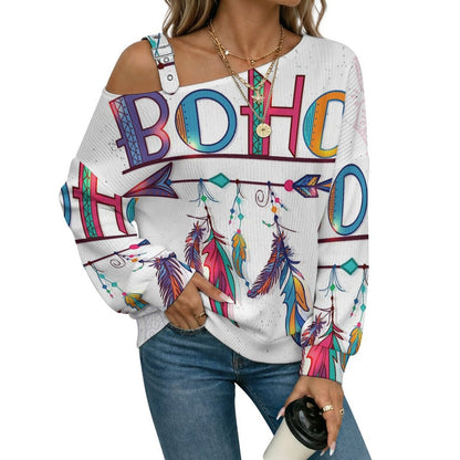 Boho Style Fall Casual Asymmetric Shoulder Knit Top with Buckle Detail