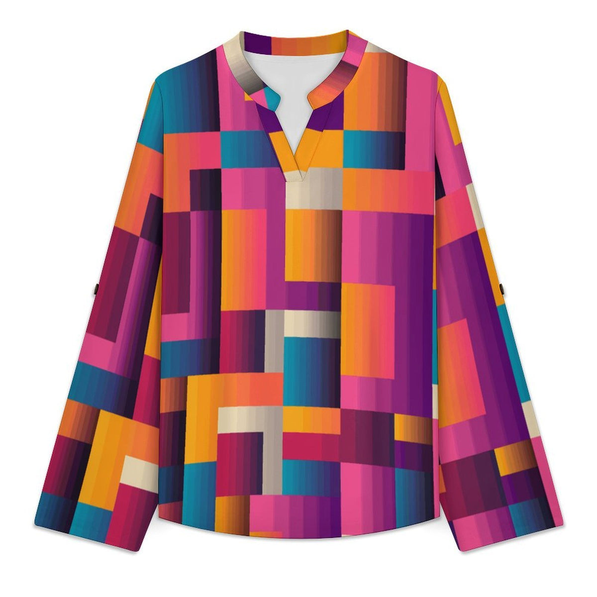 Colored Checkered Pattern  Women Curved Hem V Neck Roll Sleeve Casual Work Top