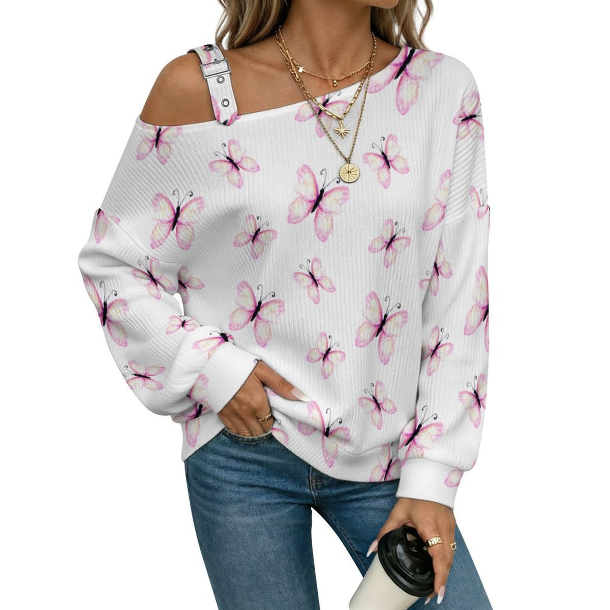 Women’s Off-Shoulder Knit Sweater Pink Butterfly