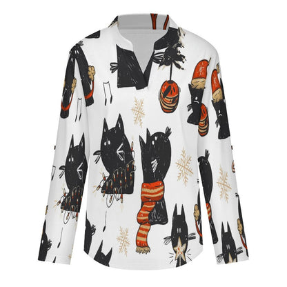 Christmas, Black Cat  Versatile Notched V-Neck Tunic | Roll Tab 3/4 Sleeve Office Casual Top