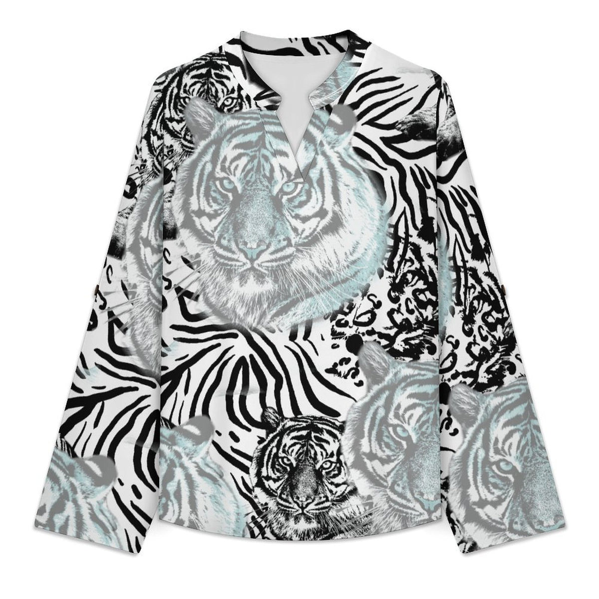Women's Notched V Neck Tunic Tops, Roll Up 3/4 Sleeve Button Cuff Casual Blouse, Hem Loose Work Shirts  Tiger Pattern, Repeating Pattern