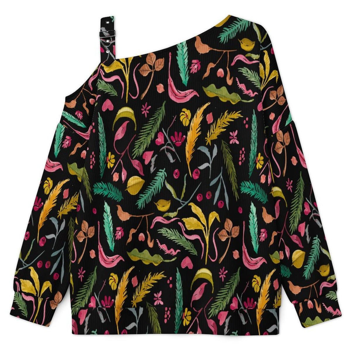 Women’s Off-Shoulder Knit Sweater Black Flower Pattern
