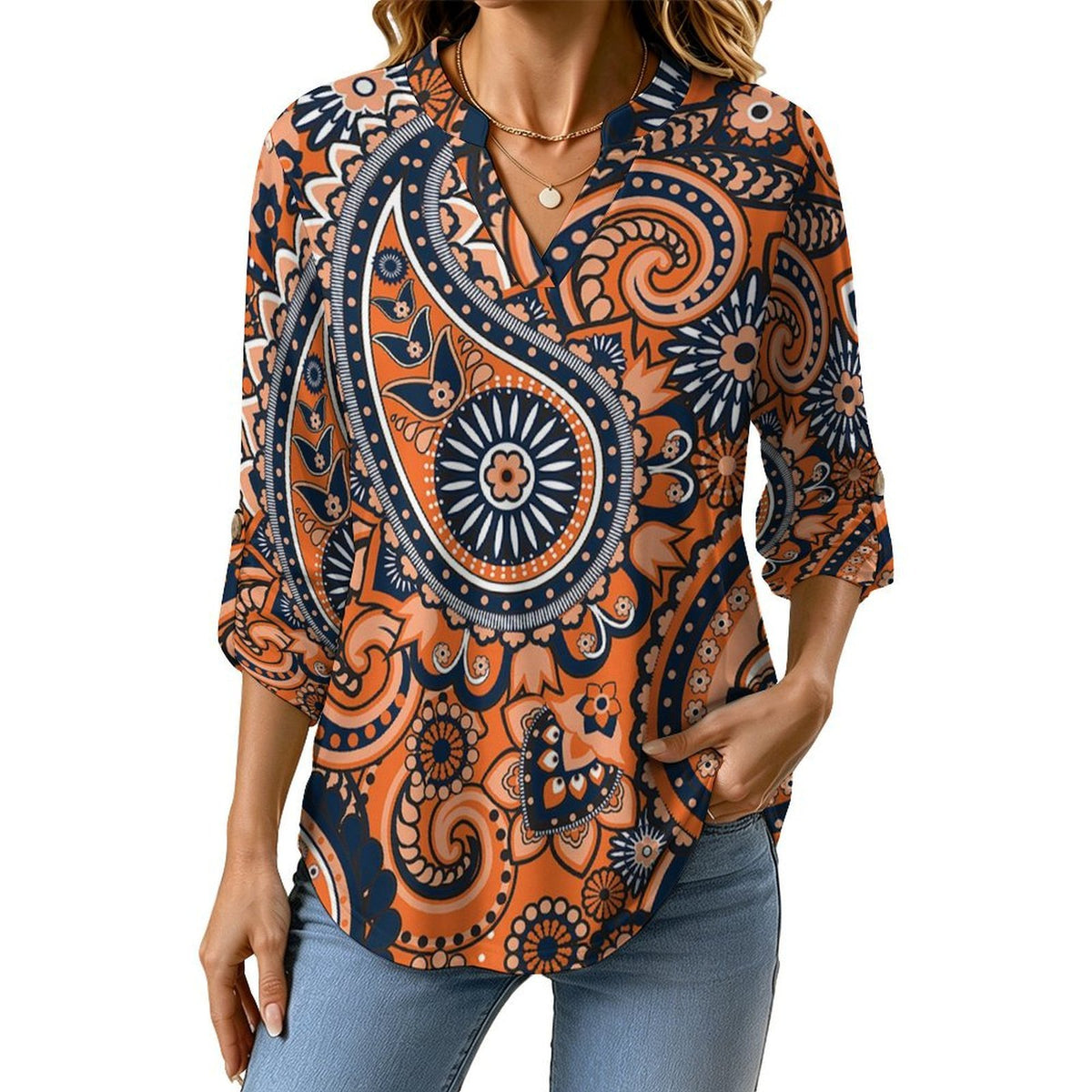 Paisley  Versatile Notched V-Neck Tunic | Roll Tab 3/4 Sleeve Office Casual Top