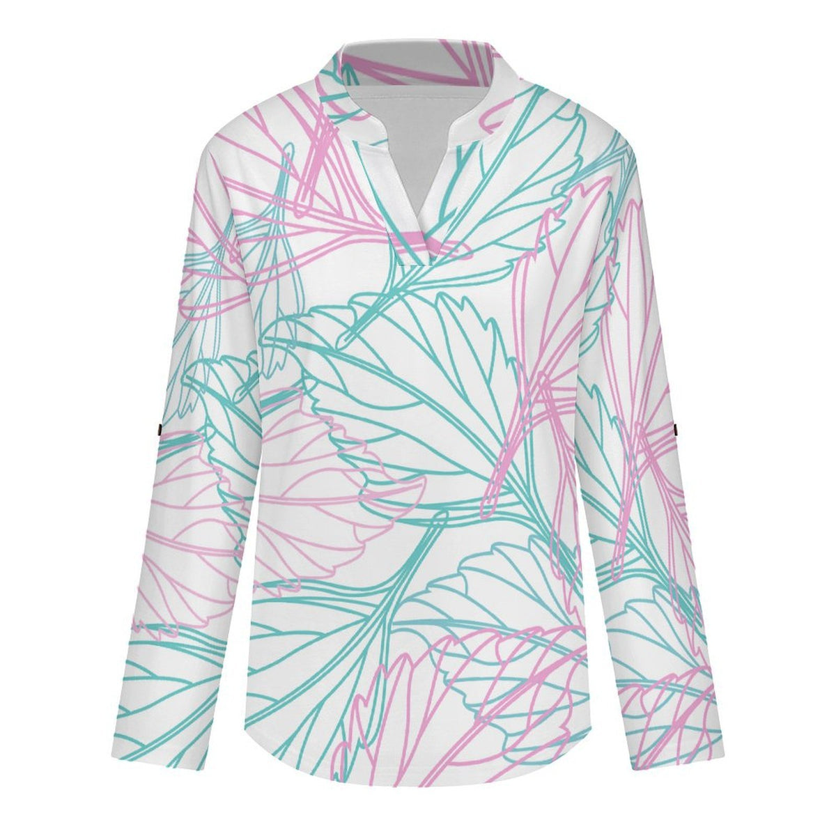 Colored Leaves  Versatile Notched V-Neck Tunic | Roll Tab 3/4 Sleeve Office Casual Top