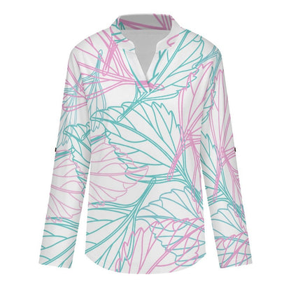 Colored Leaves  Versatile Notched V-Neck Tunic | Roll Tab 3/4 Sleeve Office Casual Top