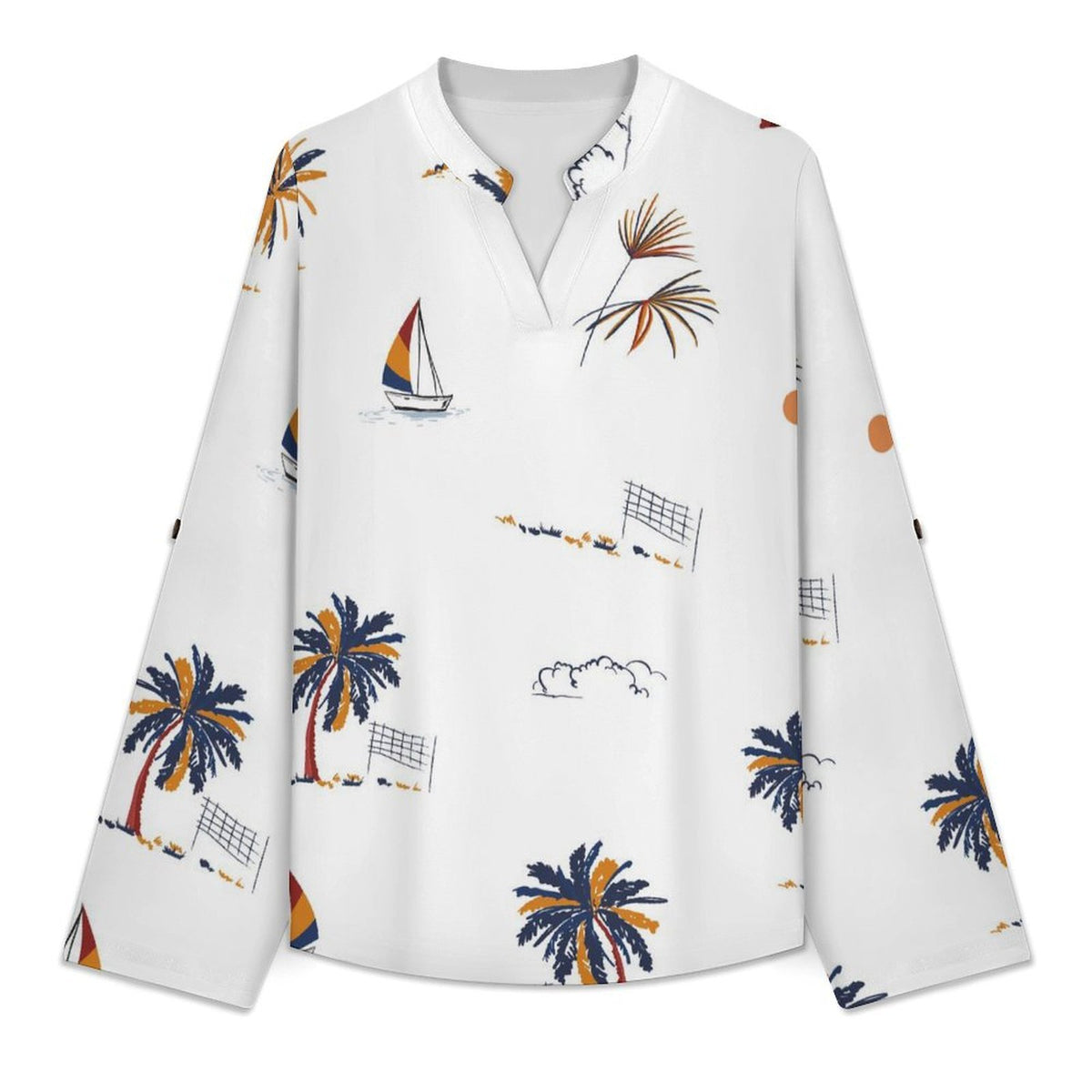 Summer Coconut Sailboat  Versatile Notched V-Neck Tunic | Roll Tab 3/4 Sleeve Office Casual Top