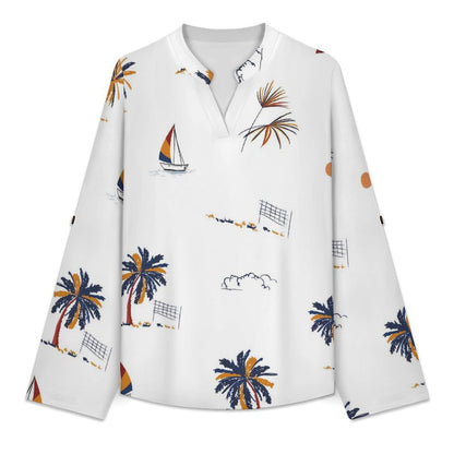 Summer Coconut Sailboat  Versatile Notched V-Neck Tunic | Roll Tab 3/4 Sleeve Office Casual Top