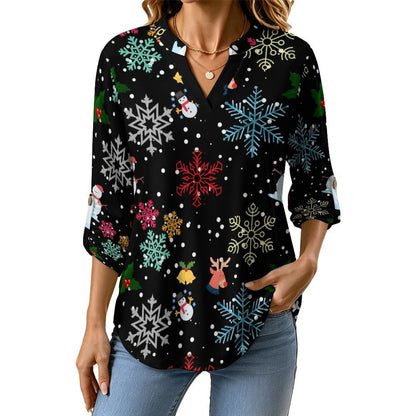 Black, Snowflakes, Santa Claus  Versatile Notched V-Neck Tunic | Roll Tab 3/4 Sleeve Office Casual Top