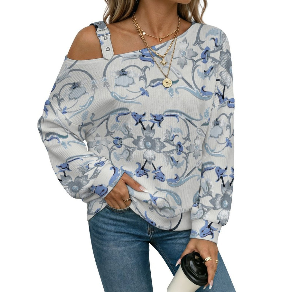 Off-the-shoulder SweaterChina, Blue And White Porcelain Women’s Off-Shoulder Knit Sweater