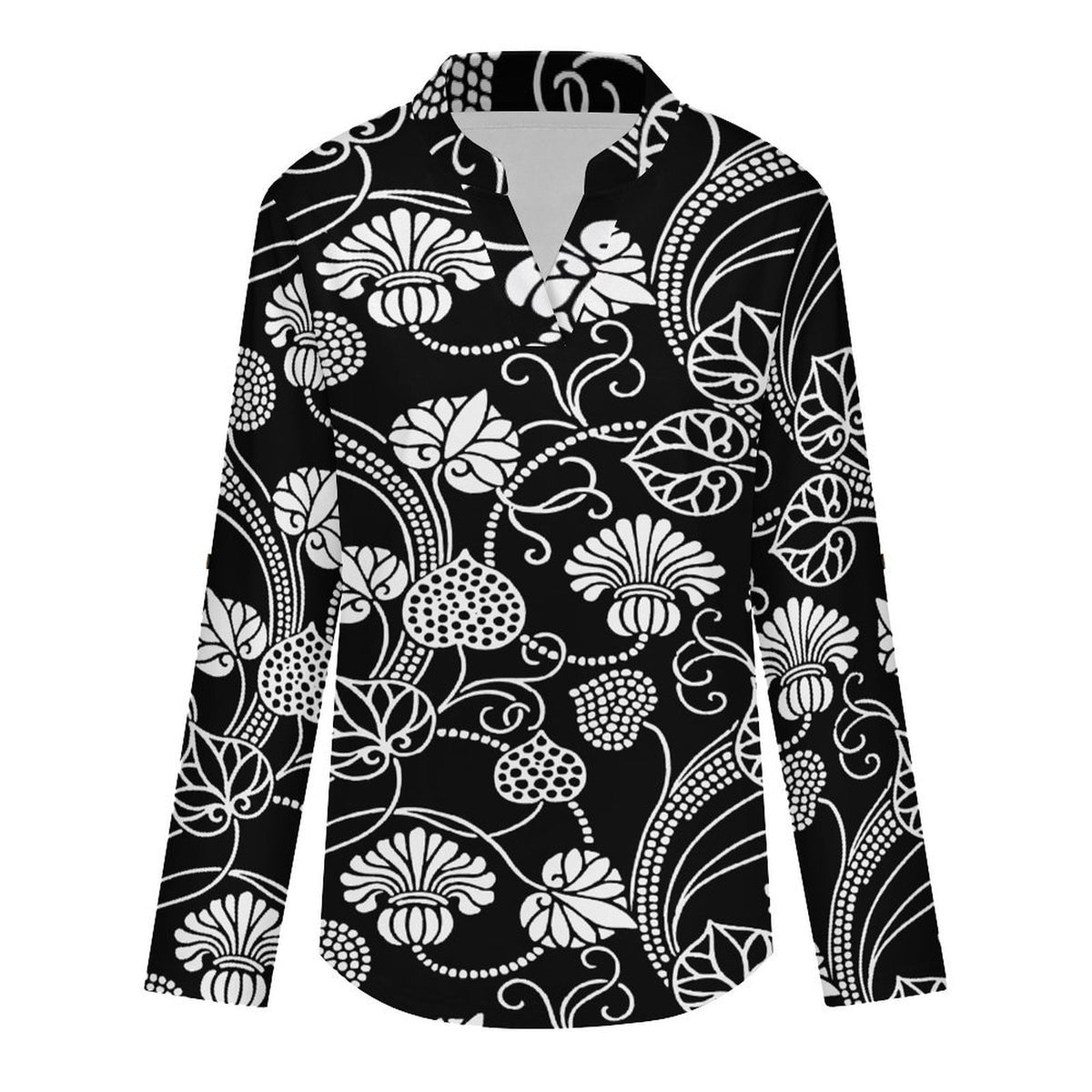 Black Pattern  Versatile Notched V-Neck Tunic | Roll Tab 3/4 Sleeve Office Casual Top