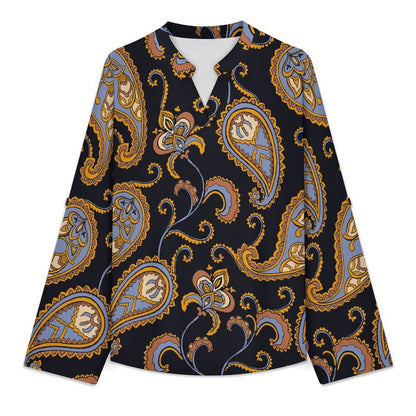 Paisley Women's Notched V Neck Tunic Tops, Roll Up 3/4 Sleeve Button Cuff Casual Blouse, Hem Loose Work Shirts