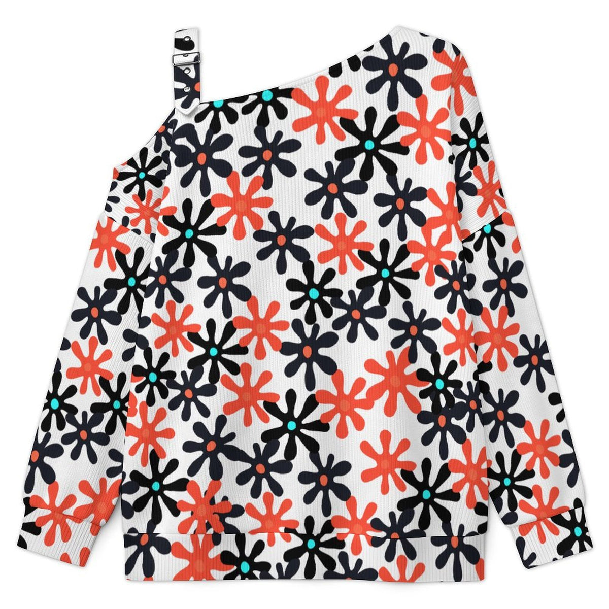 Fall Casual Asymmetric Shoulder Knit Top with Buckle Detail Floral, Repeating Pattern