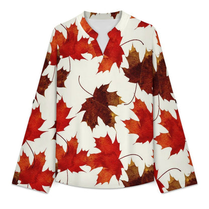 Stand-up Collar Long-sleeved Shirt Leaf Plant Pattern white SWomen’s V-Neck Blouses