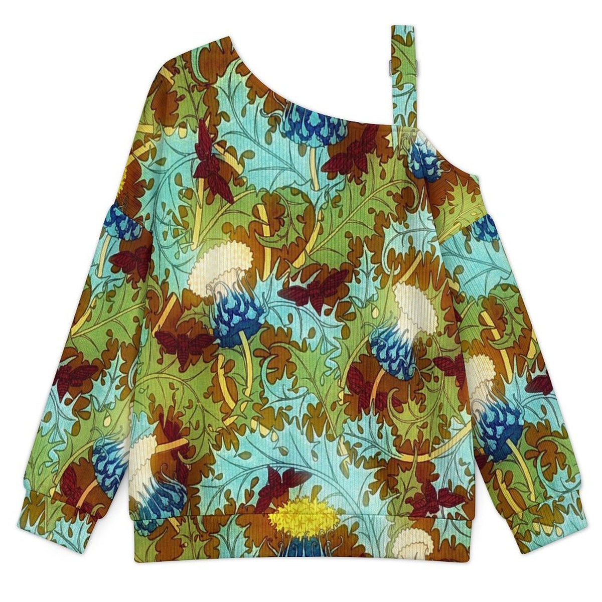 Vintage Flower Pattern Buckle Strap Asymmetrical Off Shoulder Knit Sweater