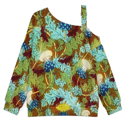 Vintage Flower Pattern Buckle Strap Asymmetrical Off Shoulder Knit Sweater