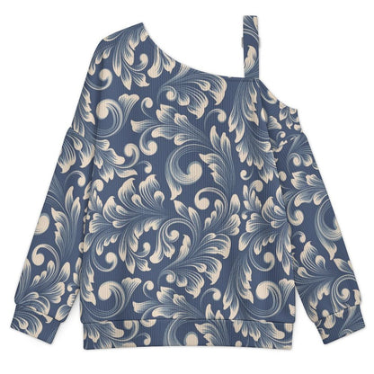 Women’s Off-Shoulder Knit Sweater Blue Retro Pattern