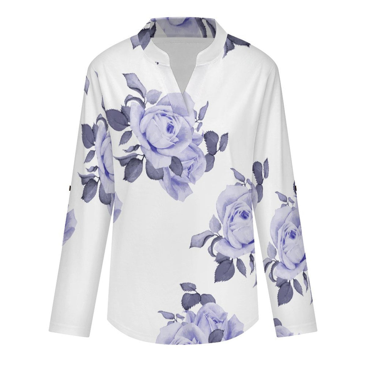Rose Repeat Tablecloth Curtain Roll Tab 3/4 Sleeve Notched V Neck Tunic Blouse