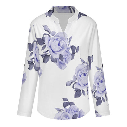 Rose Repeat Tablecloth Curtain Roll Tab 3/4 Sleeve Notched V Neck Tunic Blouse