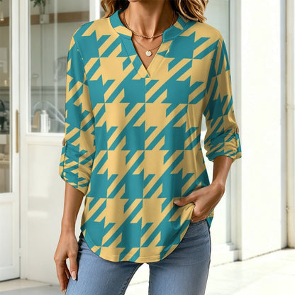 Versatile Notched V-Neck Tunic | Roll Tab 3/4 Sleeve Office Casual Top  Tartan Dresses Are Retro