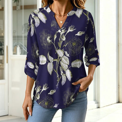 Purple, Flowers, Patterns Roll Tab 3/4 Sleeve Notched V Neck Tunic Blouse