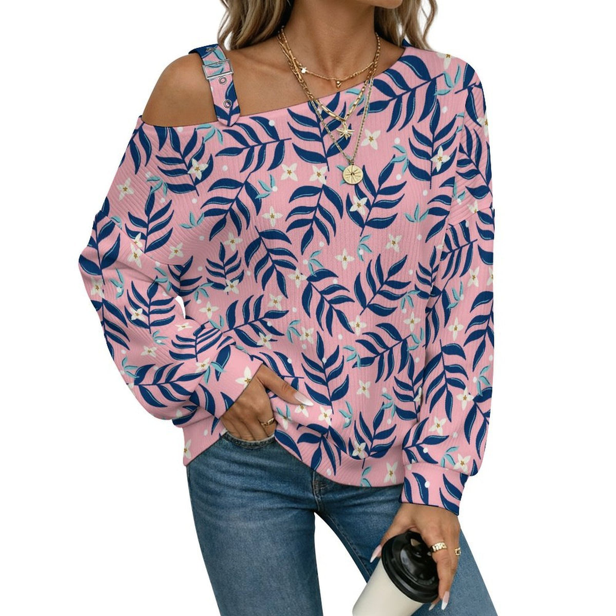 Long Sleeve Relaxed-Fit Solid Pullover Flower Pattern Green