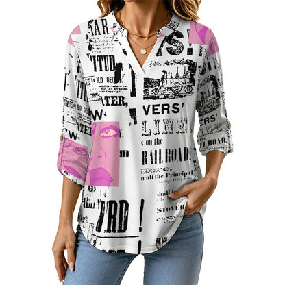 Stand-up Collar Long-sleeved Shirt Newspaper Vintage Dress white S Women’s V-Neck Blouses