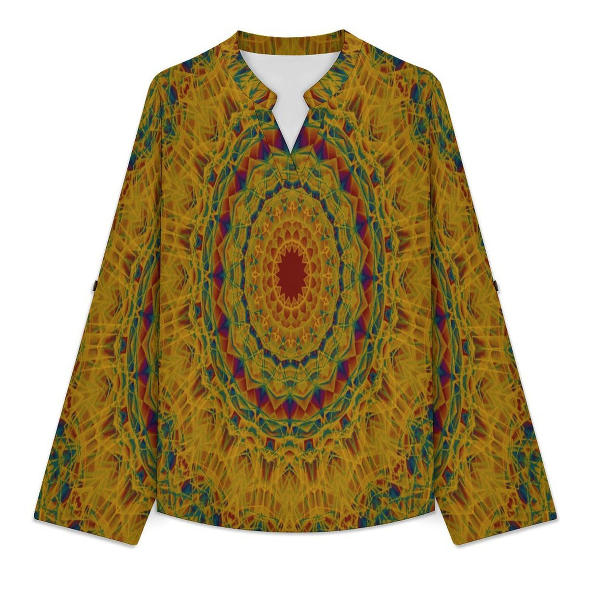 Women Curved Hem V Neck Roll Sleeve Casual Work Top  Retro Pattern, Background
