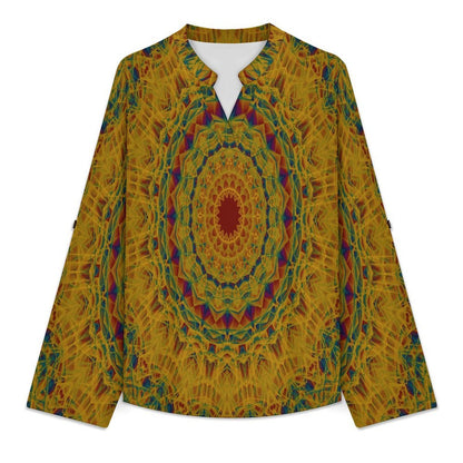 Women Curved Hem V Neck Roll Sleeve Casual Work Top  Retro Pattern, Background