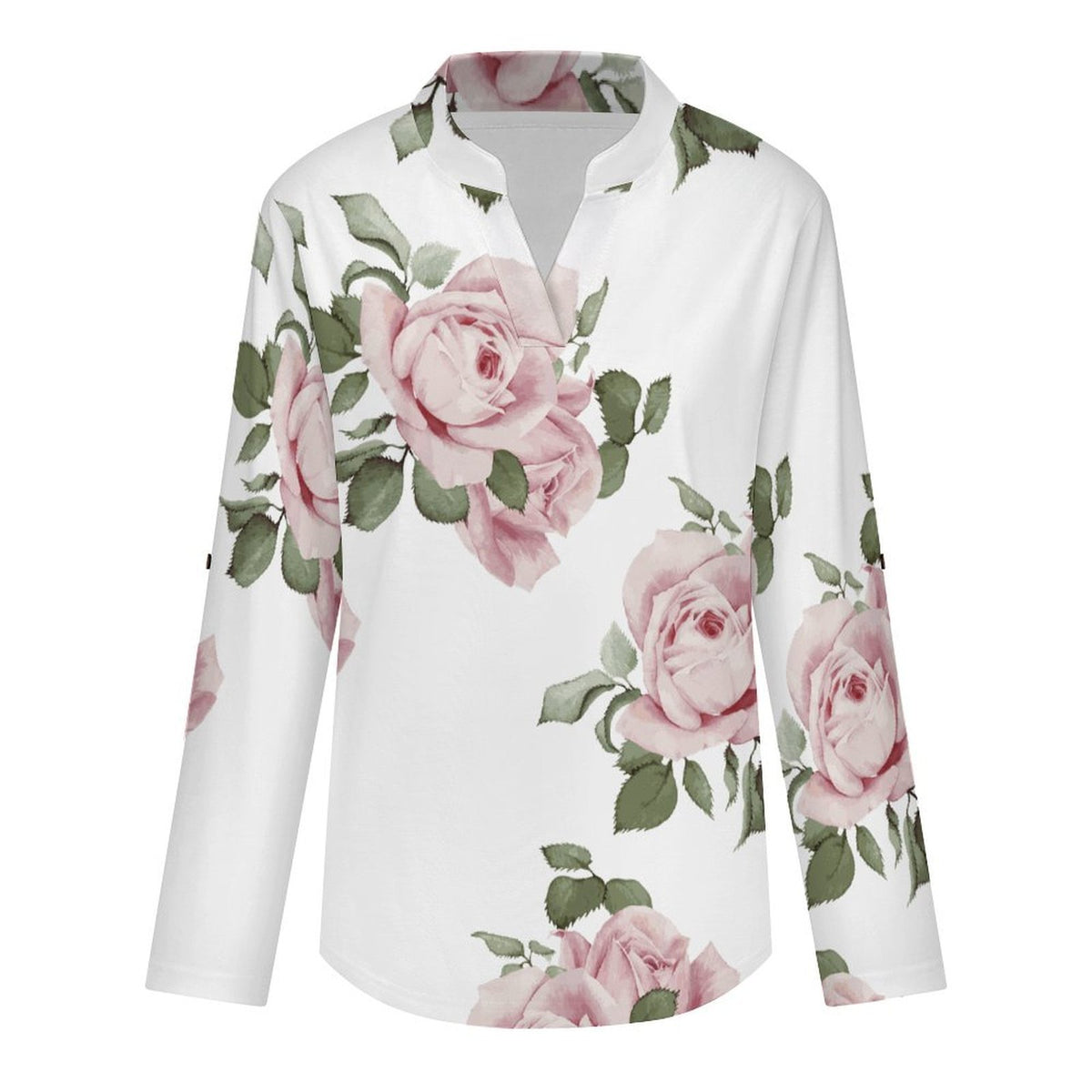Stand-up Collar Long-sleeved Shirt Rose Repeat Tablecloth Curtain white S Women’s V-Neck Blouses