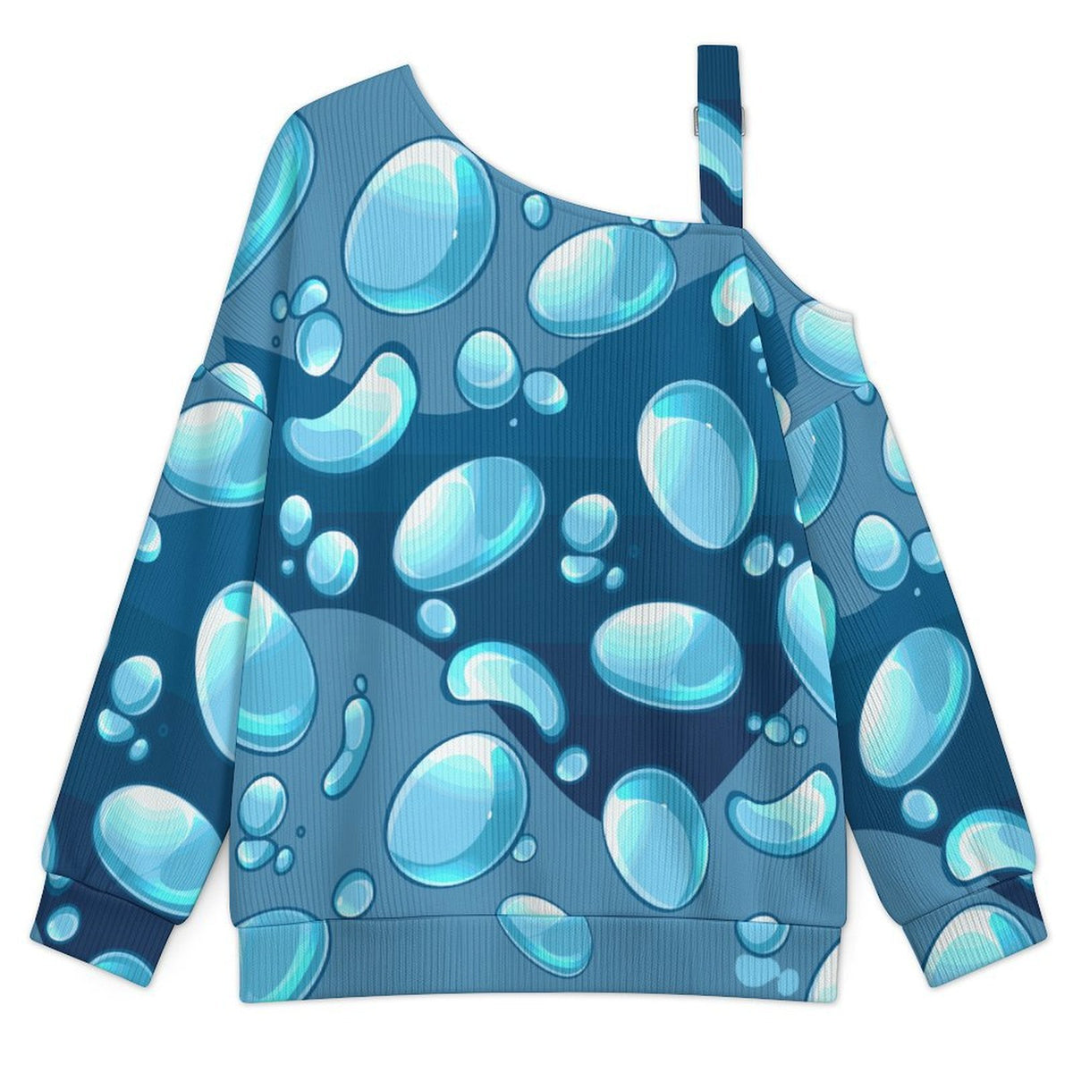 Blue Water Droplets Fall Casual Asymmetric Shoulder Knit Top with Buckle Detail