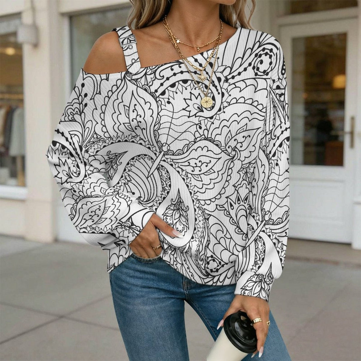Off-the-shoulder SweaterRetro Pattern Women’s Off-Shoulder Knit Sweater