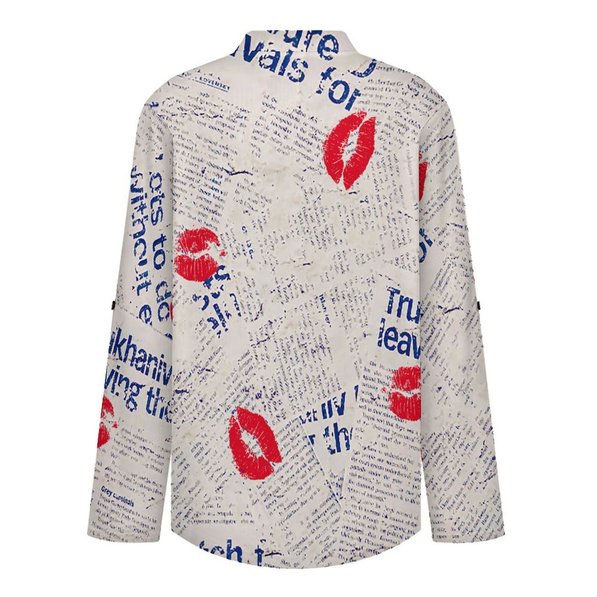 Newspaper Red Lip Print Blue Letters Roll Tab 3/4 Sleeve Notched V Neck Tunic Blouse
