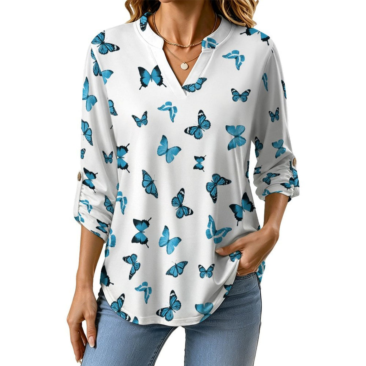 Repeating Pattern, Butterfly, Blue Roll Tab 3/4 Sleeve Notched V Neck Tunic Blouse