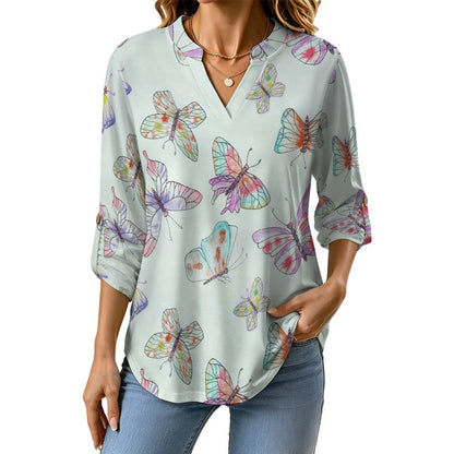Women's Notched V Neck Tunic Tops, Roll Up 3/4 Sleeve Button Cuff Casual Blouse, Hem Loose Work Shirts  Color Butterfly Background