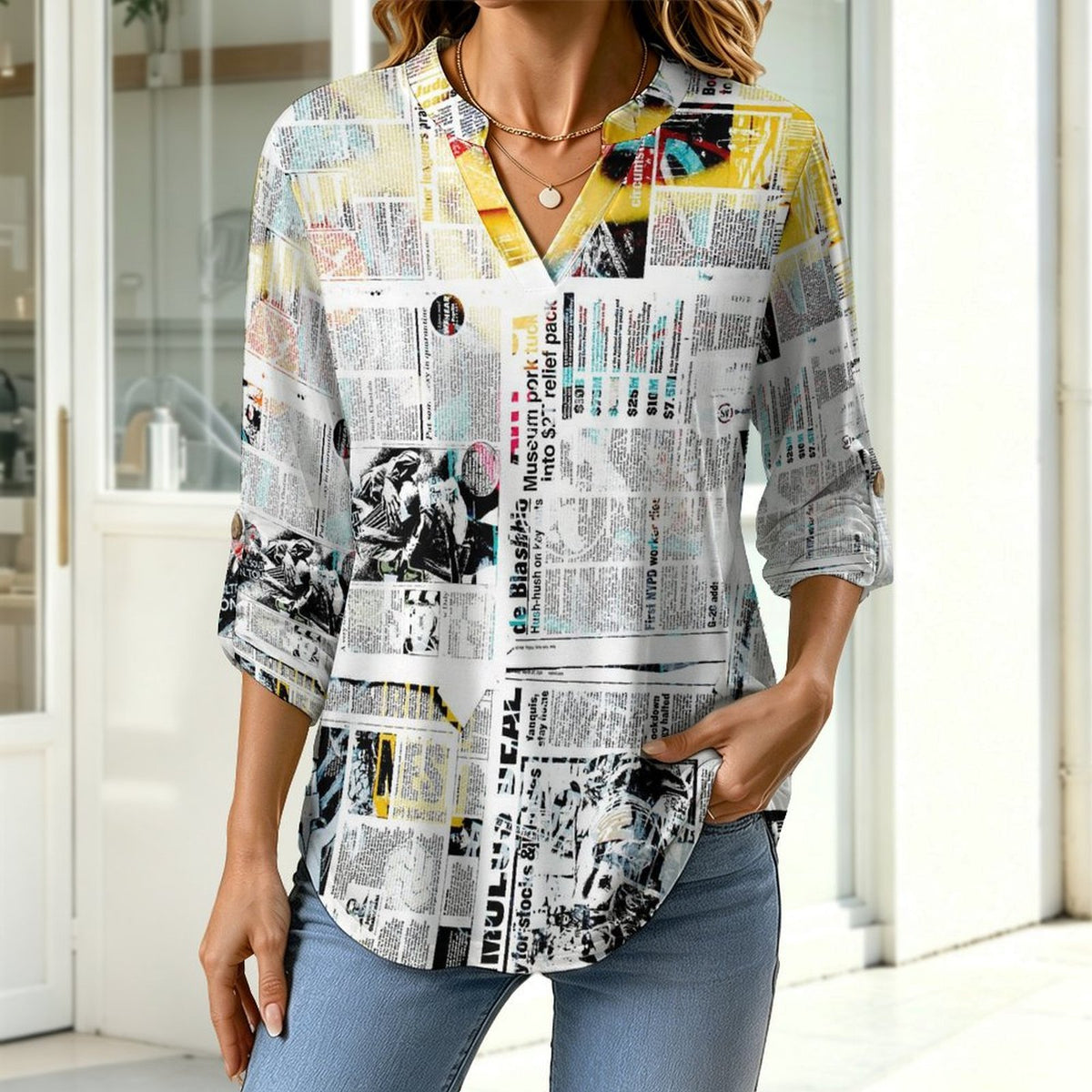 Newspaper  Versatile Notched V-Neck Tunic | Roll Tab 3/4 Sleeve Office Casual Top