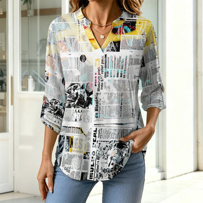 Newspaper  Versatile Notched V-Neck Tunic | Roll Tab 3/4 Sleeve Office Casual Top