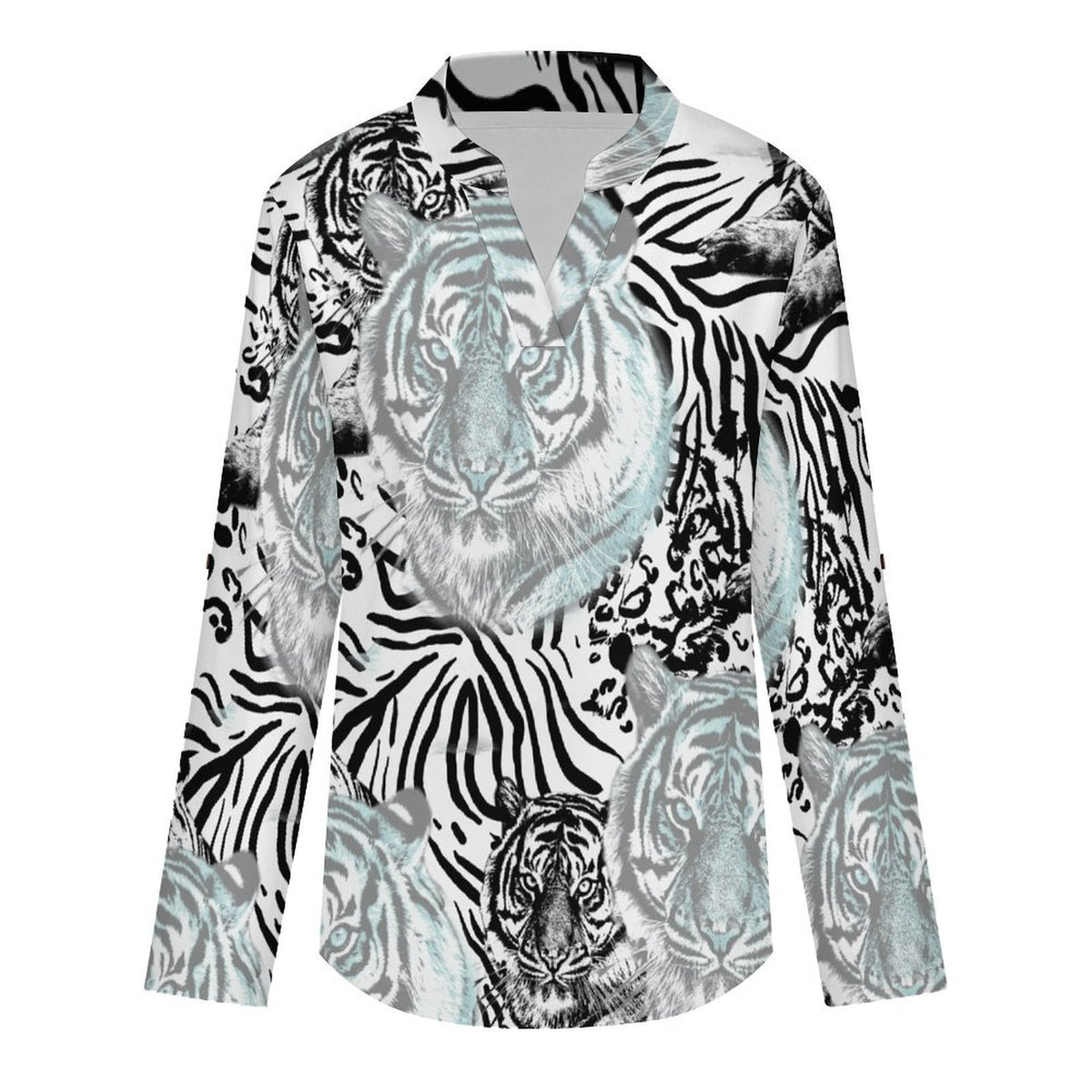 Tiger Pattern, Repeating Pattern  Versatile Notched V-Neck Tunic | Roll Tab 3/4 Sleeve Office Casual Top