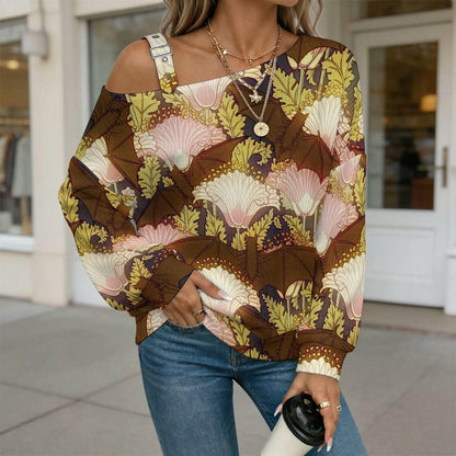 Vintage Flower Pattern Buckle Strap Asymmetrical Off Shoulder Knit Sweater