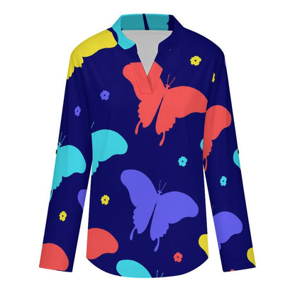 Women's Notched V Neck Tunic Tops, Roll Up 3/4 Sleeve Button Cuff Casual Blouse, Hem Loose Work Shirts  Butterfly-color-red-blue-yellow-repeat