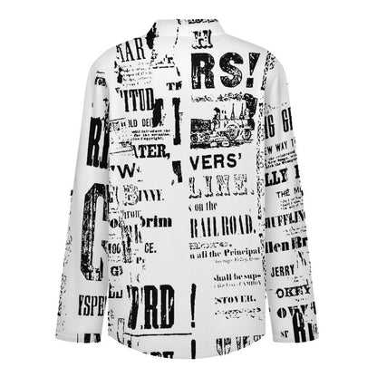 Stand-up Collar Long-sleeved Shirt Newspaper Vintage Dress white S Women’s V-Neck Blouses