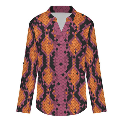 Snakeskin Pattern, Repeating Pattern Roll Tab 3/4 Sleeve Notched V Neck Tunic Blouse