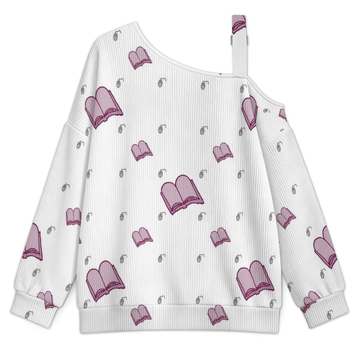 Buckle Strap Asymmetrical Off Shoulder Knit Sweater Books Background