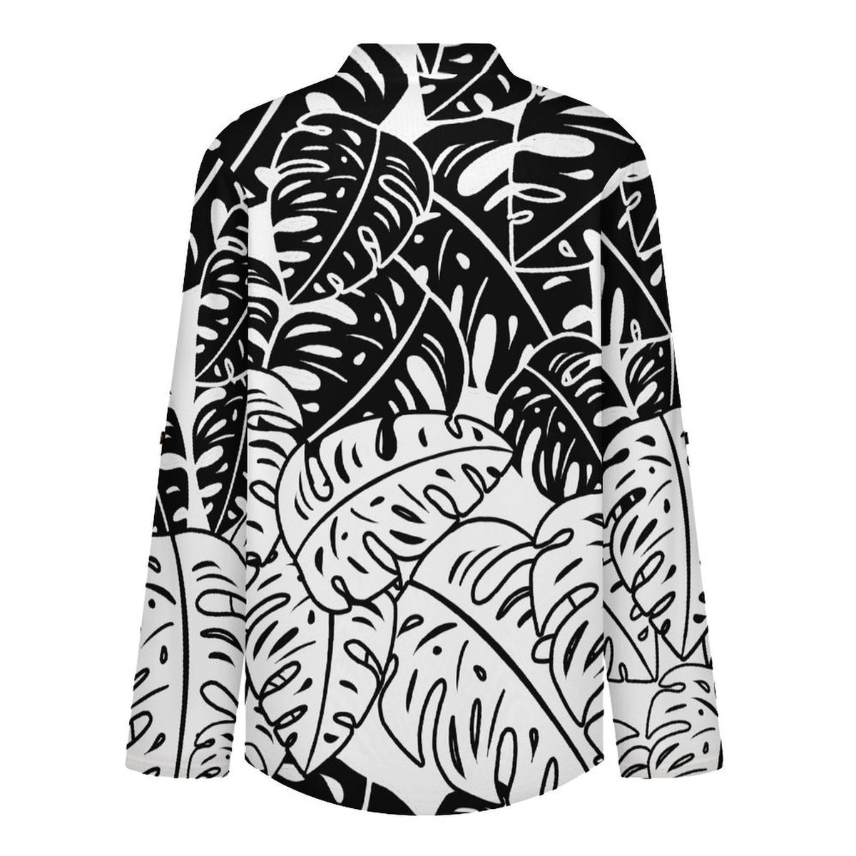 Women's Notched V Neck Tunic Tops, Roll Up 3/4 Sleeve Button Cuff Casual Blouse, Hem Loose Work Shirts  Leaves, Black, Repeating Pattern