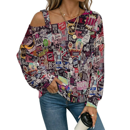 Buckle Strap Asymmetrical Off Shoulder Knit Sweater Sticker Newspaper
